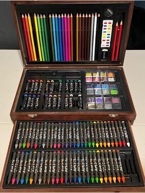 Wooden Art Set Drawing Kit Colored Pencils Paint Pastels Incomplete Read